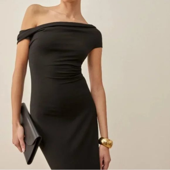 NEW  Reformation Jamen Off Shoulder Knit Midi Dress in Black Size M #1412 - Picture 3 of 11